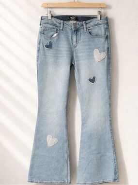 Hollister Heart Patch Low Rise Flare Jeans Y2K Coquette Light Wash Denim 10/30 L